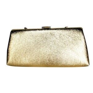 Vintage 60s Metallic Gold Foil Hinged Frame Handbag Clutch Chain Strap Purse